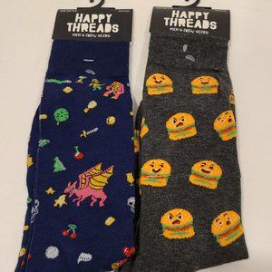 Happy Threads Men's Novelty Crew Socks Emoji Burgers and Dragon Pixel Game NWT